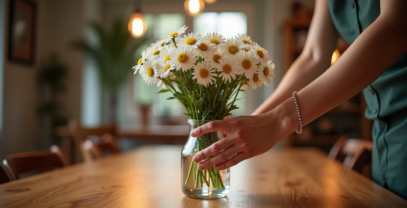 Vue d'ensemble d'une salle à manger harmonieuse avec table et suspension coordonnées