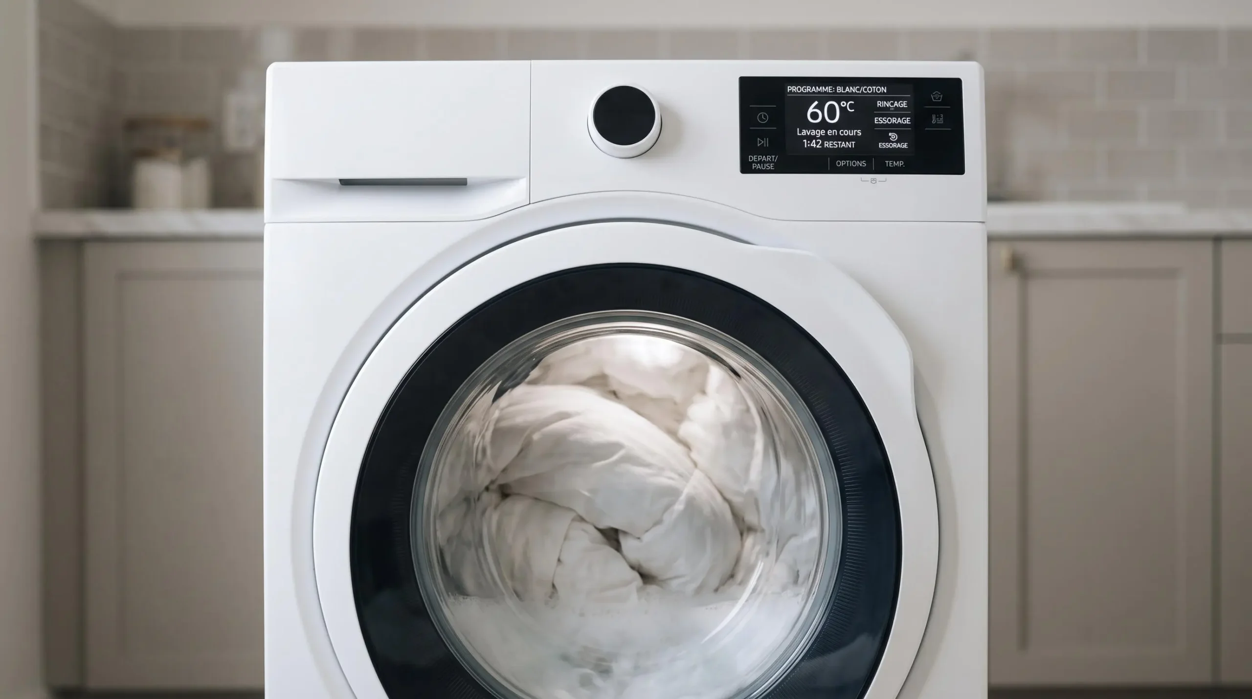 Gros plan sur machine à laver domestique moderne française en fonctionnement, hublot montrant couette blanche dans tambour, écran digital affichant température de 60 degrés Celsius